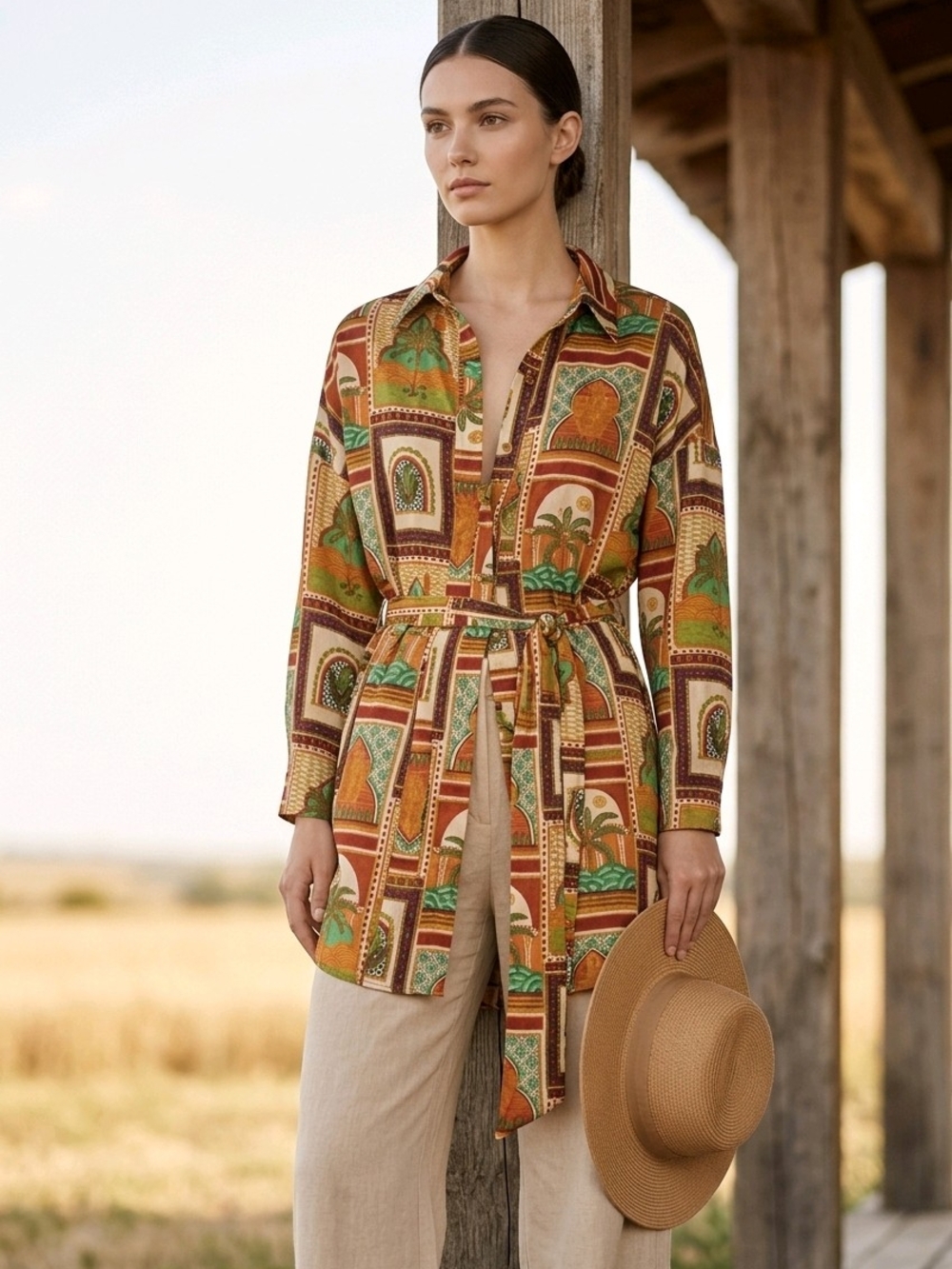 Vici Multi-Color Printed Tie-Waist Longline Tunic